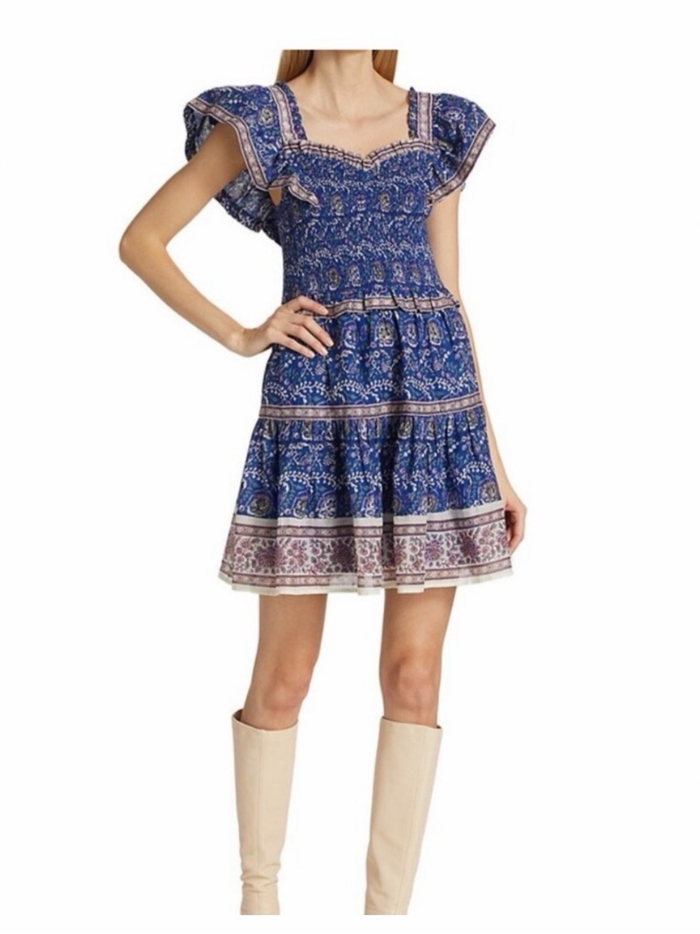 Sea New York Rosita Border Smocked Mini Dress Blue Printed Smocked Mini Dress